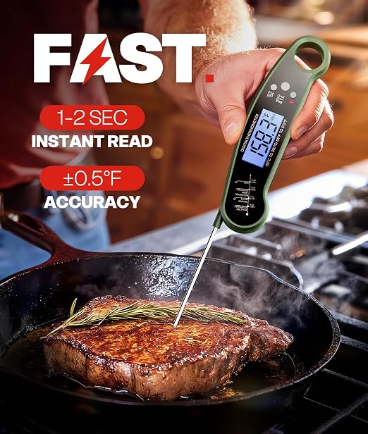 Digital Meat Thermometer, Instant Read Food Thermometer for Cooking, Green | Fast Response, Waterproof, Backlit Display for Grilling, Air Fryer, Smoker, Kitchen Gadgets, Gift for Dad Men