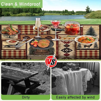JAWO Rustic Cabin Picnic Table Cover with Bench Covers, Camping Essentials, Bear Deer Country Hunting Outdoor Table Covers, Waterproof, Fitted Tablecloth Cover with Elastic Edge, 3 PCS, 30X60 Inch