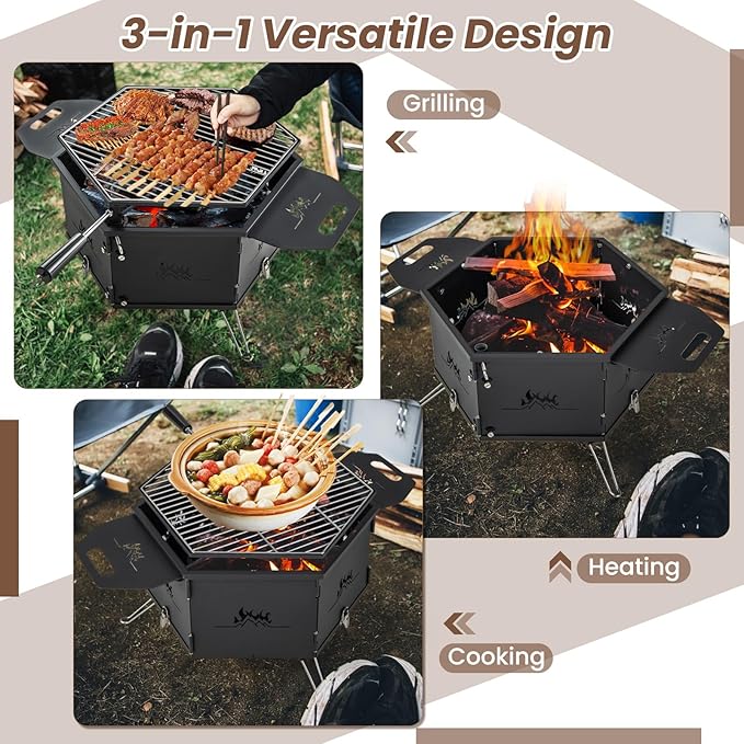 HAPPYGRILL Portable Charcoal Grill Stove, Outdoor Hibachi Grill Smoker w/ 360° Rotatable Grill, Foldable Body & Legs, Heavy-duty BBQ Grill w/Handles for Cooking & Heating
