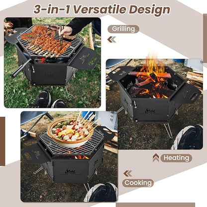 HAPPYGRILL Portable Charcoal Grill Stove, Outdoor Hibachi Grill Smoker w/ 360° Rotatable Grill, Foldable Body & Legs, Heavy-duty BBQ Grill w/Handles for Cooking & Heating