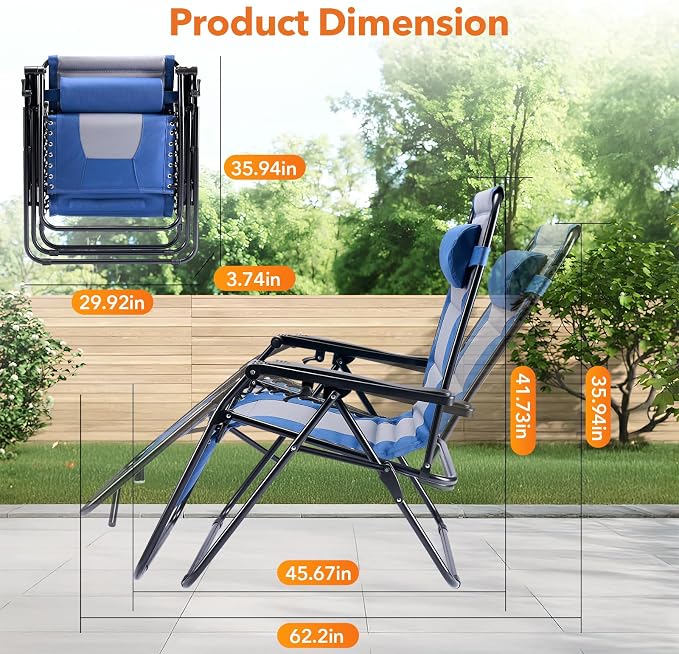 Sweetcrispy Zero Gravity Chairs, Foldable Patio Reclining Chairs with Adjustable Pillow & Cup Holder, Oversized Portable Support 400 lbs, for Backyard Camping, Blue-Gray