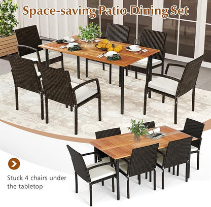 HAPPYGRILL 7-Piece Patio Dining Set Outdoor Rattan Wicker Furniture Set with Umbrella Hole, Steel Frame, Acacia Wood Tabletop & Removable Cushions, for Backyard, Porch, Garden