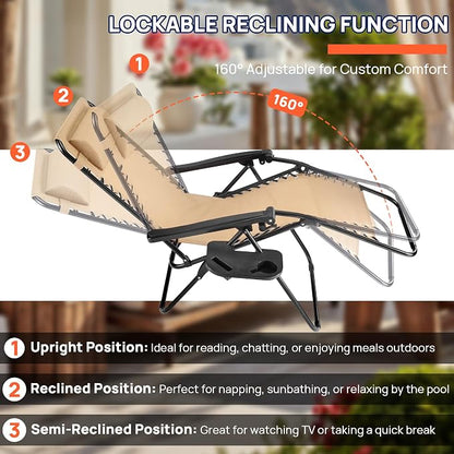 Alpen Set of 2 Outdoor Camping Chairs, Lounge Zero Gravity Chair, Khaki | Outdoor Chaise Lounge Chairs, Foldable Tanning Chair with Cup Holder for Poolside Patio Backyard Outdoor Camping