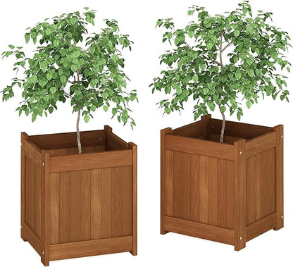Furinno TIOMAN Planter Box Set of 2, Hardwood Flower Box, Cube Garden Box, in Teak Oil, Outdoor Indoor, Garden, Patio, Balcony, Light Wood
