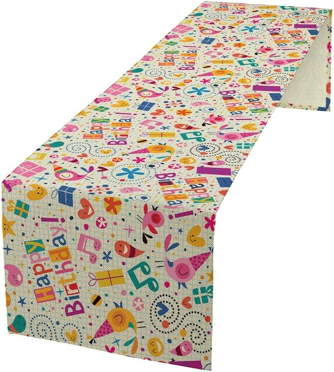 Birthday Table Runner, Dotted Spirals Stars Hearts Musical Notes Surprise Present Boxes Pattern Smil Decor Dining Room Kitchen Runner Fabric Linens 13x108in