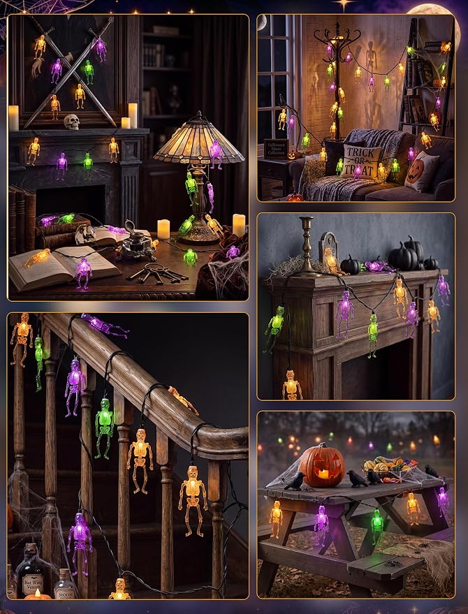 8.5Ft Halloween Skull String Lights, 10 LED Orange Green Purple Skeletons | Plug in, End-to-end Connectable, Weathproof & UL Listed, Hanging Halloween Ghost Decor for Indoor Outdoor Patio Porch Party