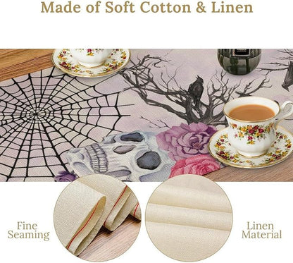 Halloween Table Runner Purple Skeleton Spider Web Ravens Gothic Spooky Runner Kitchen Dinning Decor for Indoor Outdoor Holiday Home Wedding Party 13x108 Inch