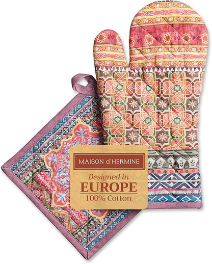 Maison d' Hermine 100% Cotton Oven Mitt & Pot Holder Set (7.5"x13" & 8"x8") | Heat Resistant BBQ Cooking Gloves with Loop Baking Grilling Kitchen Hotel Home Farmhouse Thanksgiving Christmas - Ispahan