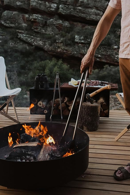 32" Fire Pit Tongs - Extra Long Log Grabber for Firewood, Pizza Oven, Campfire & BBQ | Handmade Stainless Steel Fire Tongs with Oak Handles | Fathers Day Gift for Grill Dads