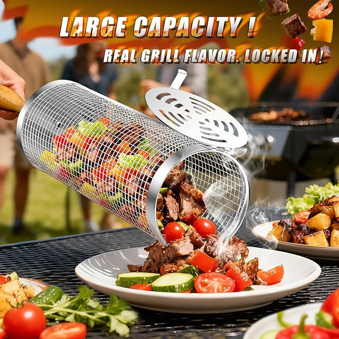 Rolling BBQ Basket for Outdoor Grill: Barbecue Smoker Grilling Baskets for Vegetable, Unique Birthday Christmas Gifts for Men Dad Husband 2pcs