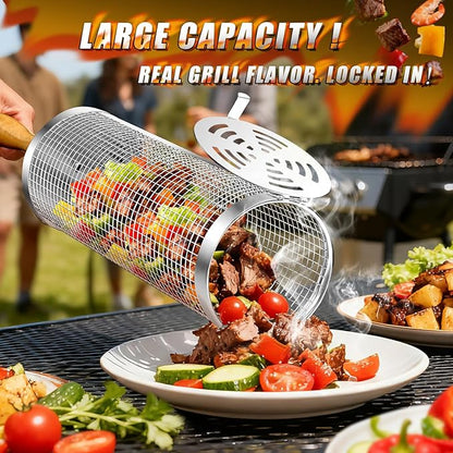 Rolling BBQ Basket for Outdoor Grill: Barbecue Smoker Grilling Baskets for Vegetable, Unique Birthday Christmas Gifts for Men Dad Husband 2pcs