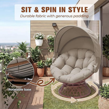 GTPLAYER Outdoor Wicker Egg Chair PE Rattan Chair with Cushion, Oversized Patio Lounge Chair with Canopy Papasan Chair 360° Swivel Base for Outdoor, Indoor, Balcony, Backyard, Garden, Brown