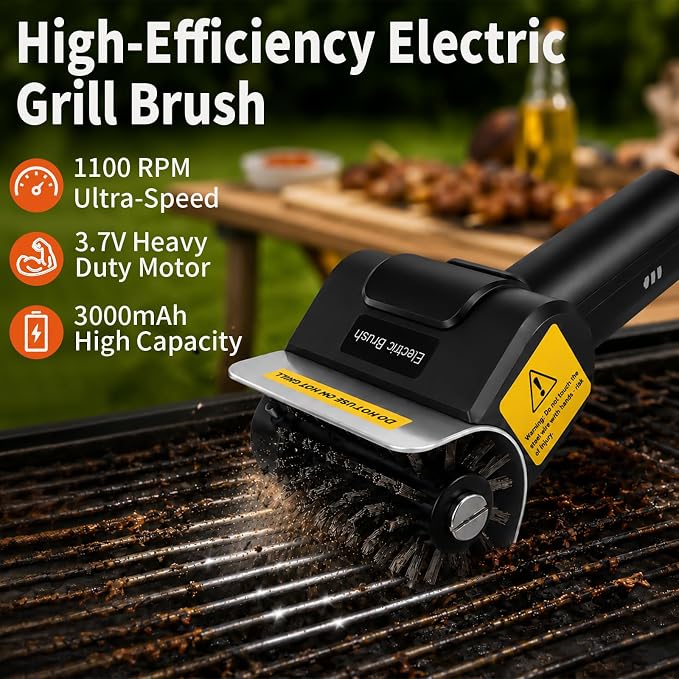 Electric Grill Brush for Outdoor, Rechargeable Cordless BBQ Grill Cleaner, 1100RPM Power Grill Cleaning Brush with 1 Brush Head & 2 Scouring Pad, Gifts for Men Dad