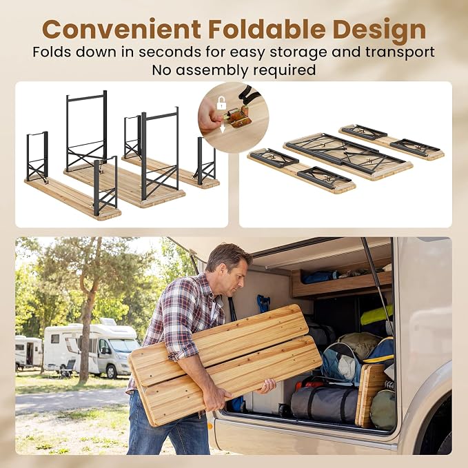 GIANTEX 47 Inch Folding Picnic Tables with Benches Set, Solid Wood Camping Beer Table Bench Set with Metal Frame, 3-Piece Portable Patio Dining Furniture, Indoor & Outdoor Folding Table and Chairs