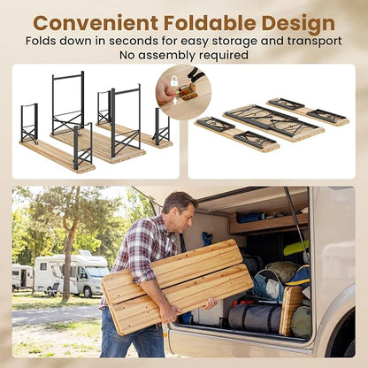 GIANTEX 47 Inch Folding Picnic Tables with Benches Set, Solid Wood Camping Beer Table Bench Set with Metal Frame, 3-Piece Portable Patio Dining Furniture, Indoor & Outdoor Folding Table and Chairs
