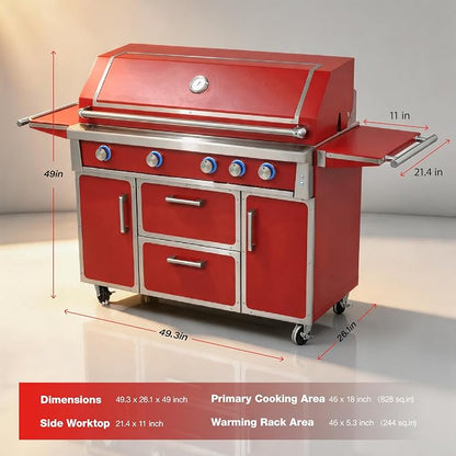 49" Red Stainless Steel Grill, 4 Burners & Infrared Burner, Natural Gas | 304 stainless steel 99,000 BTU Dual-lined hood Easy ignition Warming rack Storage drawers Gliding wheels