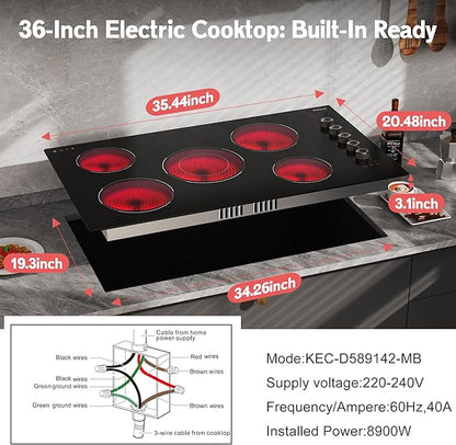 36 Inch Electric Cooktop 5 burner Karienvir, 8900W Built-in Electric Stove Top, Cooktop 36" with Double-ring Burner, Knob & Touch Control, 9 Power Levels, Timer, Safety Lock, 220V-240V Hard Wire