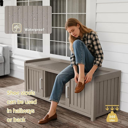 Storage Bench - Waterproof Resin Shoe Bench with Adjustable Shelves - Indoor & Outdoor Use, 2 Doors Entryway Bench with Hidden Storage Space - Storage Cabinet for Bedroom, Hallway, Grey