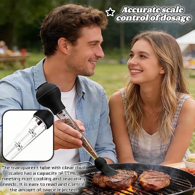 Turkey Baster with Cleaning Brush, Meat Injector Syringe with Detachable Silicone Bulb, 304 Stainless Steel Needle and Basting Brush for Roasting Chicken, 22ml Capacity (Black)