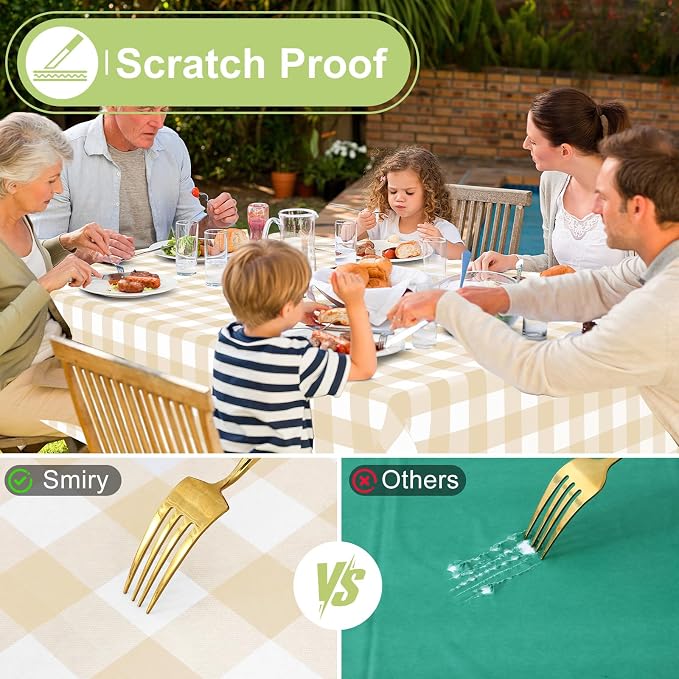 Smiry Picnic Table Cloth, Vinyl Tablecloths with Flannel Backing, 54"x54" | Waterproof Square Table Cloth, Wipeable Buffalo Plaid Table Cover for Indoor and Outdoor (White & Beige)