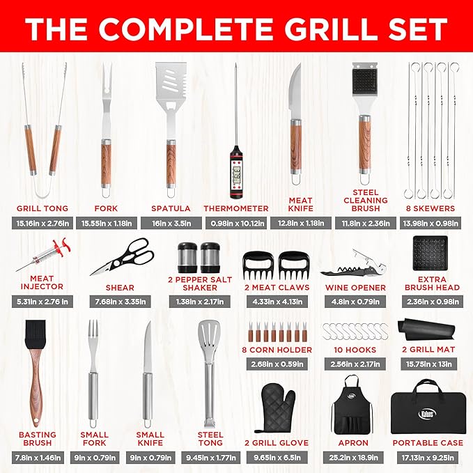 Kaluns 50PC BBQ Grill Tools Set – Heavy Duty Stainless Steel Grill Accessories Kit with Case, Apron, Hooks, Thermometer, Injector, Claws & Mats – Fathers Day Gift for Dad, Men