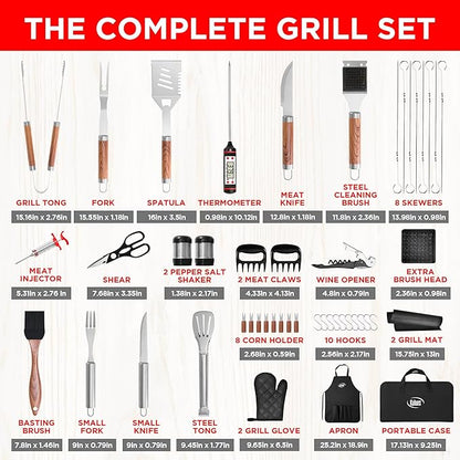 Kaluns 50PC BBQ Grill Tools Set – Heavy Duty Stainless Steel Grill Accessories Kit with Case, Apron, Hooks, Thermometer, Injector, Claws & Mats – Fathers Day Gift for Dad, Men