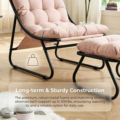 Rocking Chair with Ottoman, Modern Metal Frame Outdoor Rocker, Comfy Patio Lounge Chair with Footrest, Reading Glider Chairs for Living Room, Bedroom, Balcony, Garden, Relax, Pink