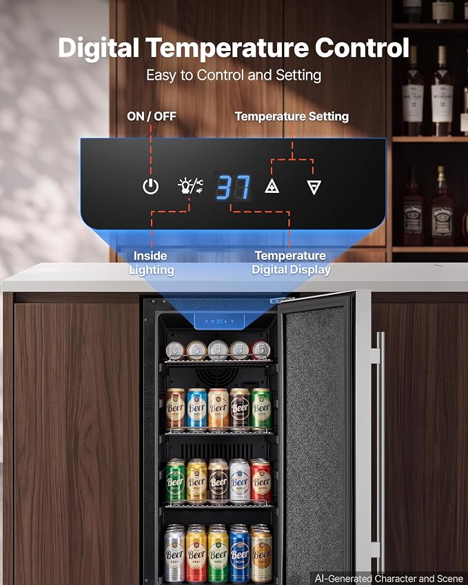 VEVOR Outdoor Beverage Refrigerator, 15 Inch Undercounter Drink Fridge | 304 Stainless Steel Door, 3.0 Cu. Ft, Hold 94 Cans, Powerful Cooling System, Built-in / Freestand Cooler, Home Bar & Patio