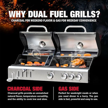 3 Burner Propane Gas and Charcoal Grill Combo with Side Burner & Porcelain-Enameled Cast Iron Grates, 37,000 BTUs 685 SQIN Dual Fuel Outdoor BBQ Grill for Patio Garden Picnic Backyard Barbecue Cooking