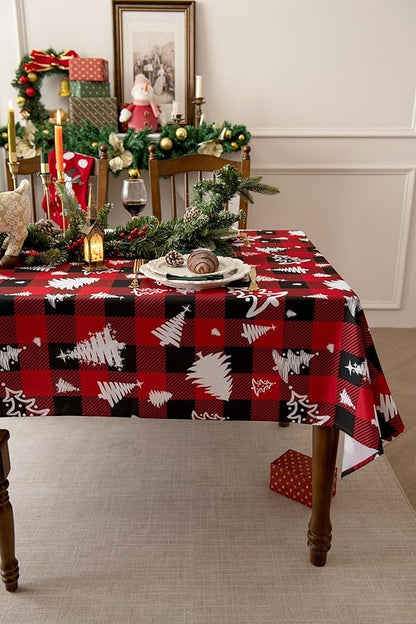 Waterproof Checkered Tablecloth Fabric - Rectangle 58x84 Inch Christmas Tree Table Cloth for Indoor/Outdoor Use - Xmas Table Cover for Kitchen, BBQs, and Parties