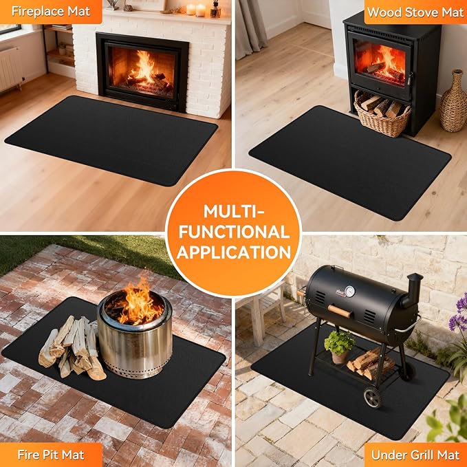 Fireplace Mat - Double-Sided Fireproof Waterpoof Wood Stove Hearth Pads (25x39 Black One)
