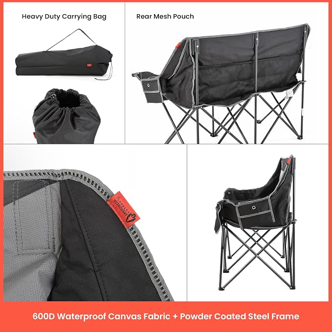 ARROWHEAD OUTDOOR Wide Duo Foldable Heated Camping Loveseat Chair, Black | 57 in, 3-Stage Heating, Large Cup Holders, Glass Holders, Side Pockets, and Storage Pouches, and Grey, Beach, Tailgating