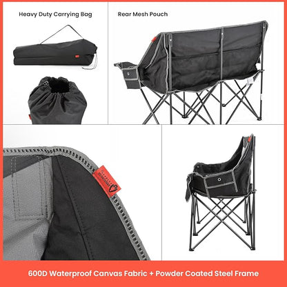 ARROWHEAD OUTDOOR Wide Duo Foldable Heated Camping Loveseat Chair, Black | 57 in, 3-Stage Heating, Large Cup Holders, Glass Holders, Side Pockets, and Storage Pouches, and Grey, Beach, Tailgating