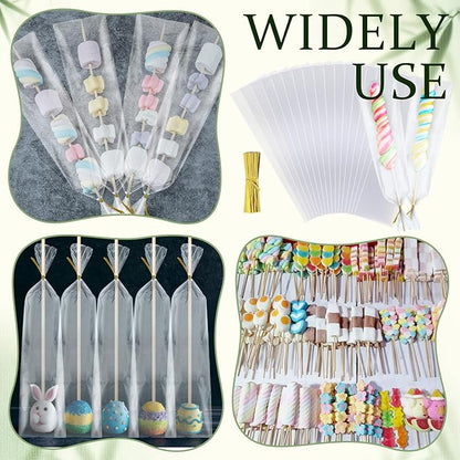 Yexiya Candy Kabob Bags with Sticks100 Cellophane Treat Bags with Twist Ties and 100 Natural Bamboo Skewers 3 x 11 Inches Clear Rod Bag for Packaging Marshmallow Pretzel Treat Candies