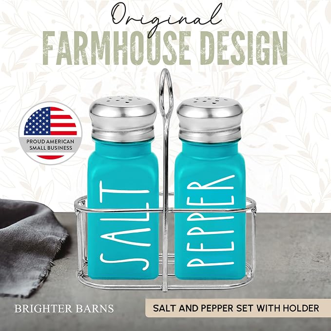 Teal Salt and Pepper Shakers Set with Holder by Brighter Barns - Turquoise Kitchen Decor and Accessories - Cute Salt and Pepper Set with Caddy - Modern Farmhouse Glass Shakers for Dining Table (Teal)