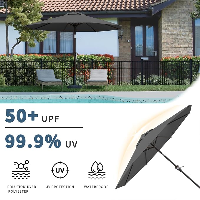 10FT Patio Umbrella, Outdoor Umbrella with Push Button Tilt and Crank, 8 Sturdy Ribs, UV Protection & Waterproof Market Umbrella for Pool, Backyard, Beach,Deck