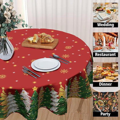 Sweetshow Winter Gold Snowflake Table Cloth Round Xmas Trees Red Tablecloth 70 Inch Decor Washable Stain and Wrinkle Resistant Round Table Cover for Dining Picnic
