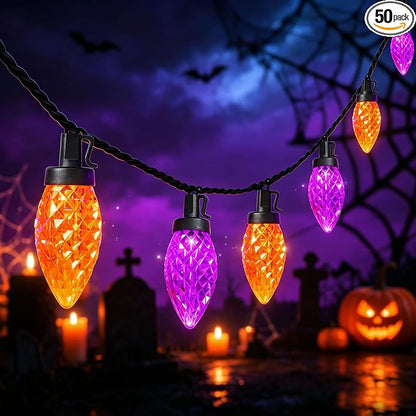 Halloween C9 String Lights Outdoor, 26.4Ft C9 Halloween Decorations Lights with 50 LED Orange and Purple Lights Waterproof, Hanging Plug in Lights String for Outside Holiday Party Patio Yard Decor