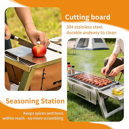 Small Portable Charcoal BBQ Grill, Made of Stainless Steel,Foldable and 2-Second Setup, Includes Fireproof Mat and Gloves, Mini Barbecue Hibachi Grill for 3-4 People Camping,Hiking and Picnic