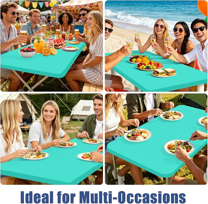 Moosfor 2 Pack Rectangle Spandex Fitted Table Cloth, 8FT Elastic Tablecloth | Washable Picnic Table Cover, Stretch Waterproof Table cloths for Party, Patio, Dining, Kitchen, 30" x 96", Aqua Blue