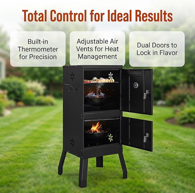 Vertical Charcoal Grill & Smoker, Outdoor Backyard BBQ with Double Doors, Detachable Racks, Thermometer and Adjustable Air Vents for Smoking and Grilling, Black