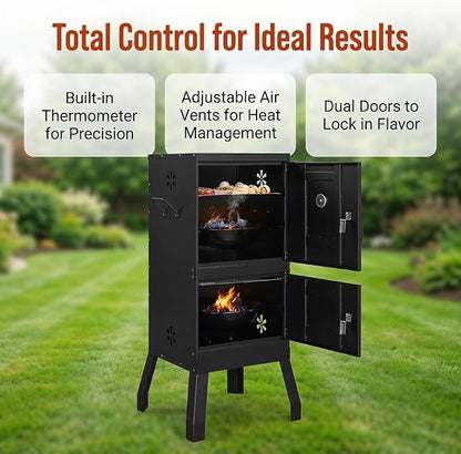 Vertical Charcoal Grill & Smoker, Outdoor Backyard BBQ with Double Doors, Detachable Racks, Thermometer and Adjustable Air Vents for Smoking and Grilling, Black