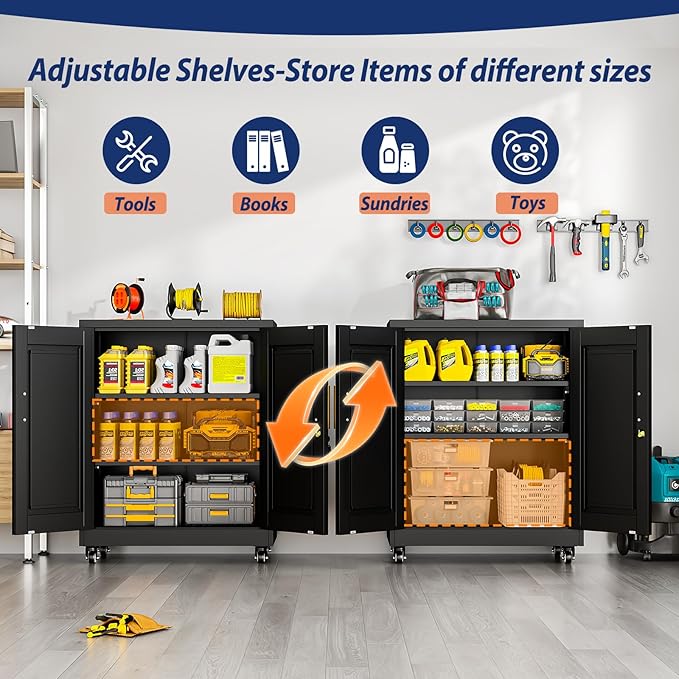 PAOFIN Metal Storage Cabinet-35” Tall Steel File Cabinets with Lockable Doors and Adjustable Shelves, Steel Tool Cabinet with Wheel for Home, School, Office, Garage Black
