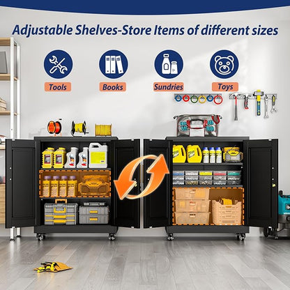PAOFIN Metal Storage Cabinet-35” Tall Steel File Cabinets with Lockable Doors and Adjustable Shelves, Steel Tool Cabinet with Wheel for Home, School, Office, Garage Black