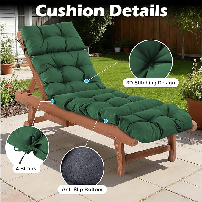 Chaise Lounge Cushions Outdoor, Waterproof & Fade Resistant Patio Lounge Chair Cushion for Outdoor Furniture, Chaise Cushion with Ties for Patio, Pool, Lawn and Beach, 75.1x22.8x4.7 Inch, Forest Green