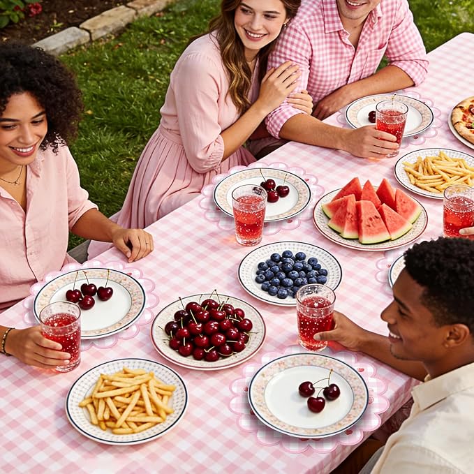 100 Pcs Cherry Paper Placemats Pink Bow Gingham Placemat 13.5 Inch Round | Disposable Decorative Dining Cherry on Top Table Mats with Scalloped Edges for Spring Summer Birthday Wedding Party Supplies