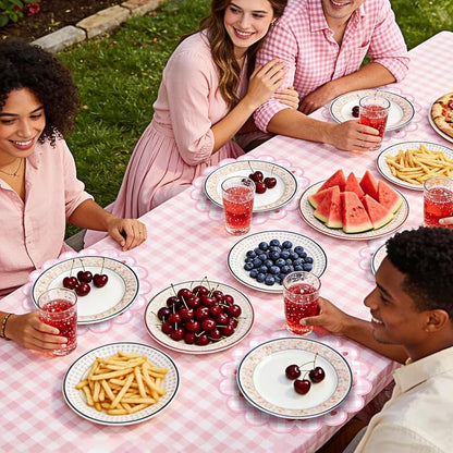 100 Pcs Cherry Paper Placemats Pink Bow Gingham Placemat 13.5 Inch Round | Disposable Decorative Dining Cherry on Top Table Mats with Scalloped Edges for Spring Summer Birthday Wedding Party Supplies