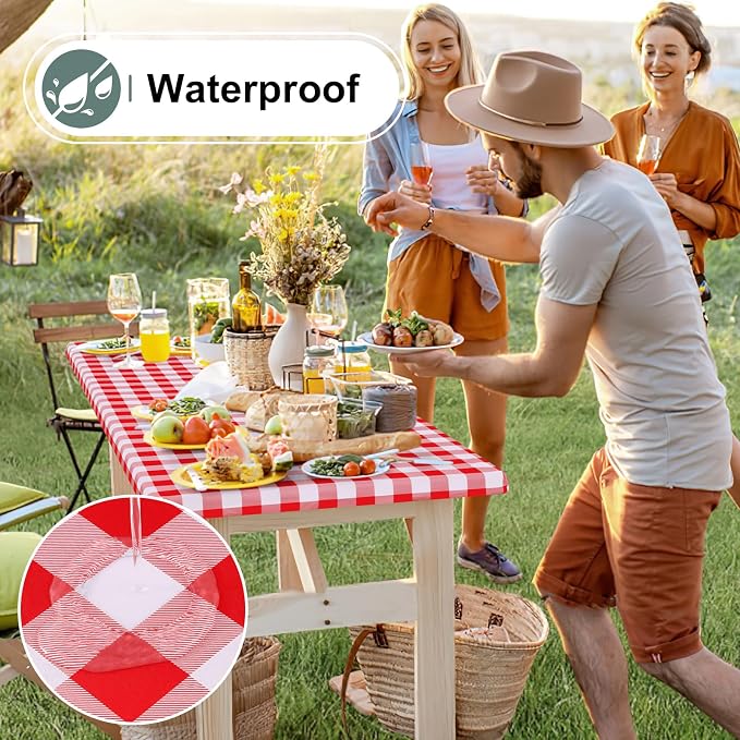 Buffalo Rectangle Picnic Tablecloth, 6 Foot Elastic Fitted Vinyl Table Cloth with Flannel Backing, Waterproof Plaid Table Covers for Dining, Camping, Outdoor (Red and White, 30" x 72")