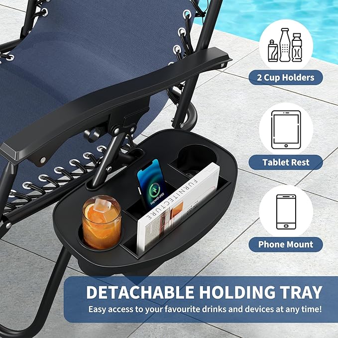 Garvee Zero Gravity Chair Set of 2, Patio Lounge Chair Outdoor with Pillow & Cup Holder Tray, Adjustable Reclining Chair, Folding Portable Camping Chair for Deck, Beach, Yard, Garden - Navy Blue