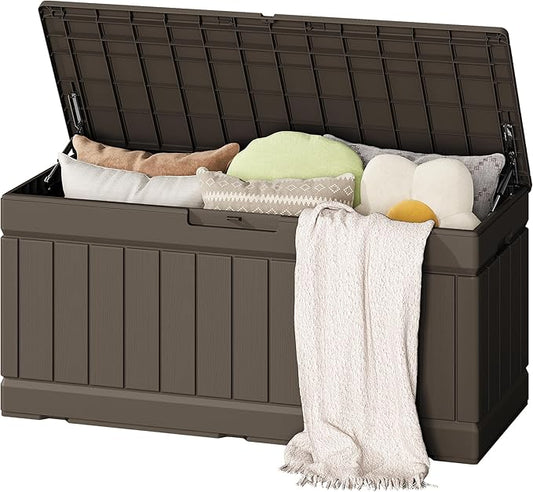 Flamaker Outdoor Storage Box 80 Gallon Resin Waterproof Deck Box Delivery Box with Wood Texture Large Storage Bin for Patio Cushions (Brown)